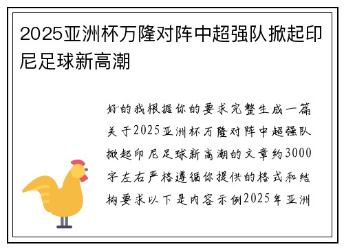 2025亚洲杯万隆对阵中超强队掀起印尼足球新高潮